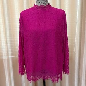 Lipslide Fuchsia Pink Eyelash Flower Lace Puff Sleeves Blouse Pink